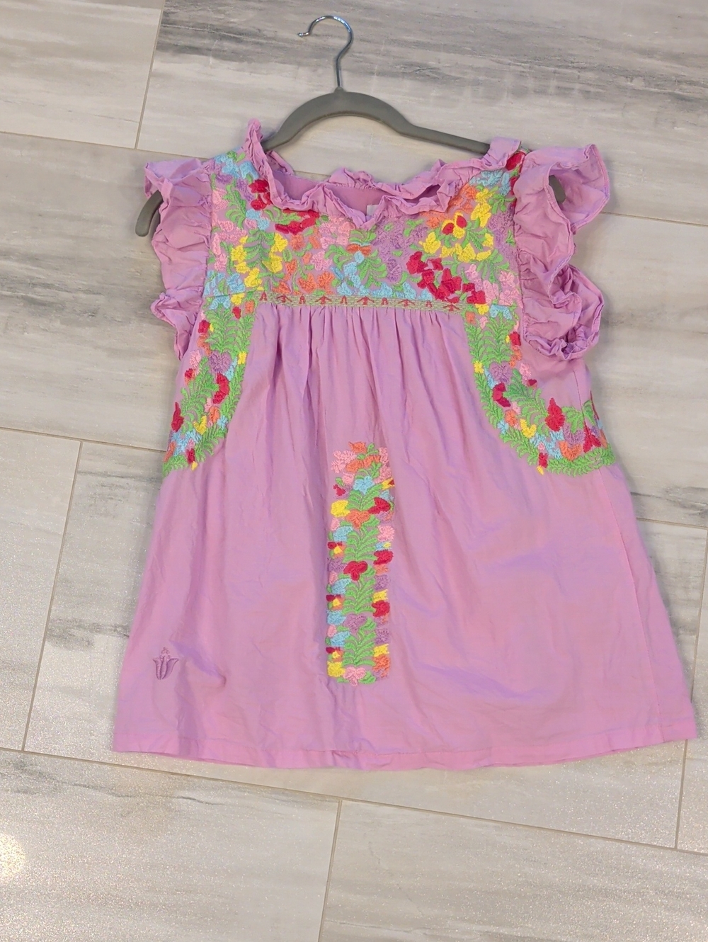 Lilac Floral Embroidered Ruffle Sleeve Blouse Cotton